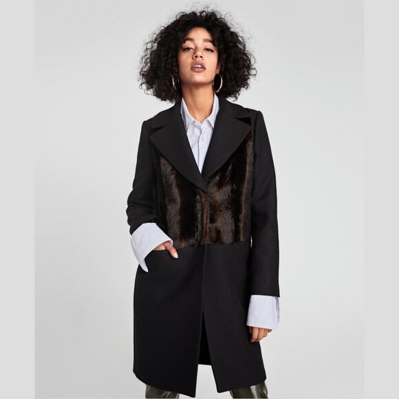 ZARA Woman Black Wool Coat with Faux Fur Panel – Size S - Picture 1 of 8
